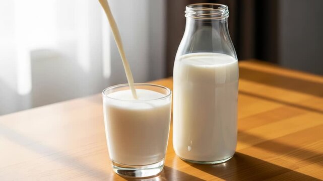 A glass and bottle of milk on a wooden table with milk pouring into the glass