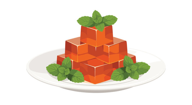 A pyramid of six translucent orange jelly cubes is arranged on a white plate, garnished with fresh green mint leaves.