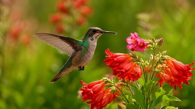 A lovely hummingbird in mid flight hovering near some brightly colored flowers