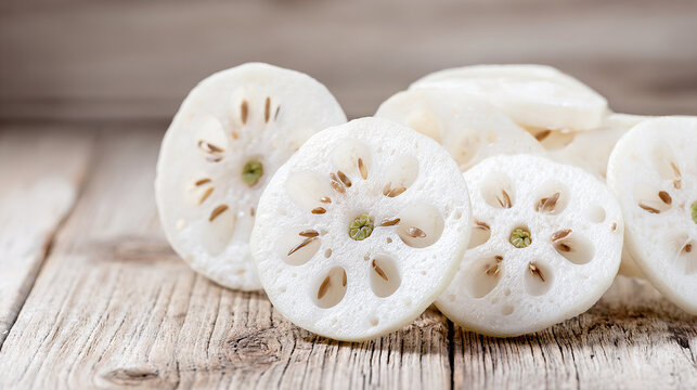 Sliced Lufa Gourd on Wooden Surface
