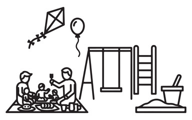 Children enjoying outdoor playtime with various toys and activities