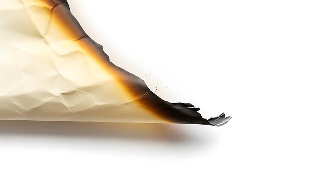 Burning paper edge with charred remains on white background viewed from the side