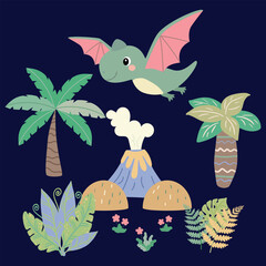 Cute Cartoon [Dinosaur Name] in Prehistoric Landscape with Volcano, Palm Trees and Jungle Plants © Ольга Кухта