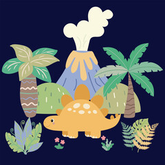 Cute Cartoon [Dinosaur Name] in Prehistoric Landscape with Volcano, Palm Trees and Jungle Plants © Ольга Кухта