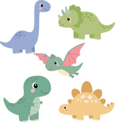 Vector Set of Cute Cartoon Dinosaurs Including Brachiosaurus, Triceratops and Pterodactyl © Ольга Кухта