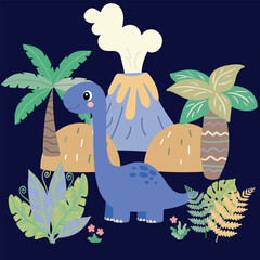 Cute Cartoon [Dinosaur Name] in Prehistoric Landscape with Volcano, Palm Trees and Jungle Plants © Ольга Кухта