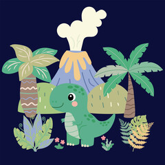 Cute Cartoon [Dinosaur Name] in Prehistoric Landscape with Volcano, Palm Trees and Jungle Plants © Ольга Кухта