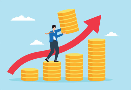 Flat illustration of businessman increase money stack with graph arrow up investment growth financial success compound interest capital gain profit pension fund wealth accumulation