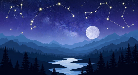 Night Sky with Constellations and Bright Moon. © Tiara