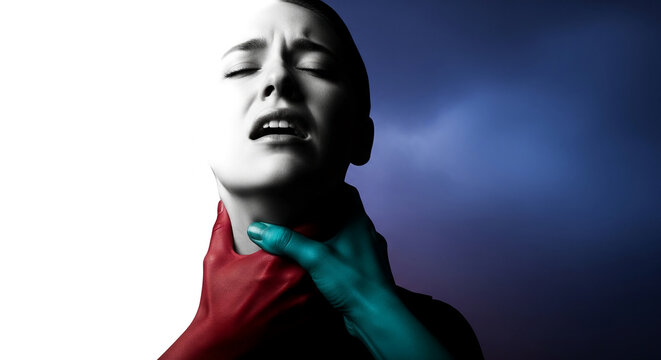 Close-up of a person's face in distress with hands of different colors around the neck, representing powerlessness, pressure, or control and violence