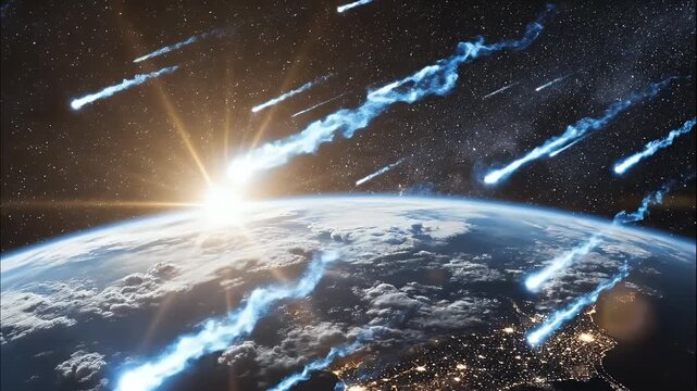 Meteor shower raining down on Earth from space with sun rising.