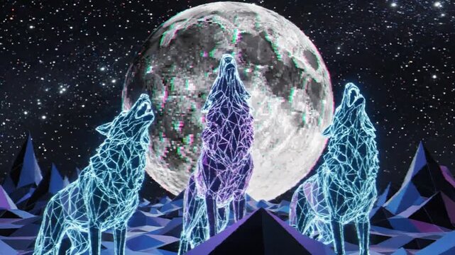 Three wolves howling at the full moon in a starry night sky illustration