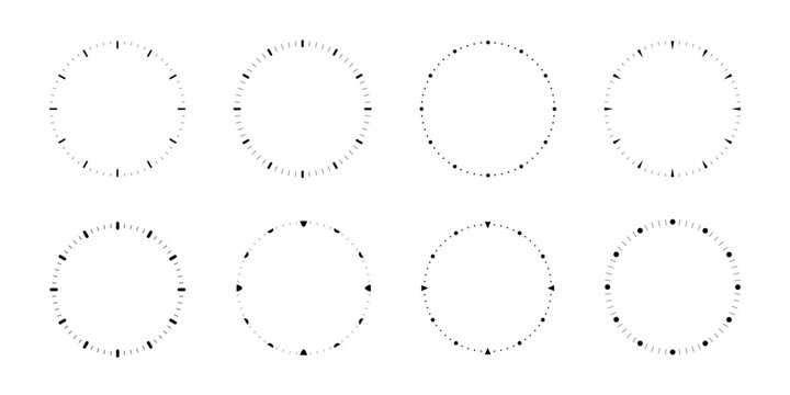 Set of blank clock face templates, round analog clock with hour and minute markers, collection of circle dial watch faces symbols, precise time scale signs, isolated on transparent background, vector.
