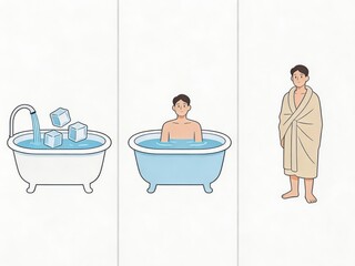 Naklejka premium Engaging in a transformative cold water therapy experience depicted in three stages showing ice cubes filling a bathtub followed by immersion and concluding with post therapy reflections
