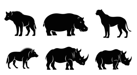 Wildlife Silhouettes Collection: African Animals Icons - Hyena, Hippo, Rhino, Leopard, Porcupine