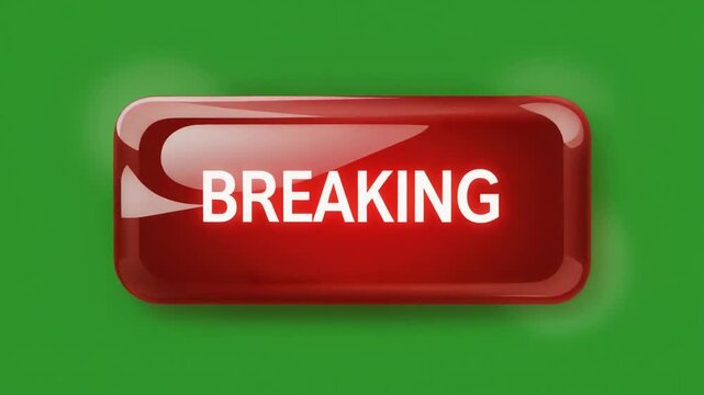 A red button with the word BREAKING displayed prominently on a green background in a video