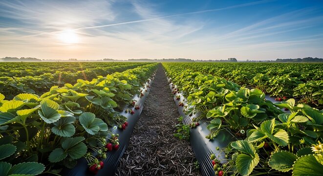 Strawberry field rows stretching to the horizon under a bright sun