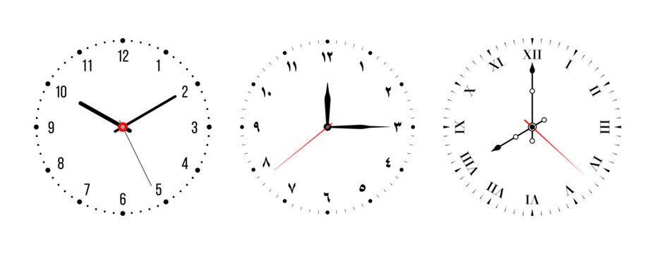 Clock faces showing roman, arabic numerals, and western numbers, minimalist analog round clock dials with hour, minute, and second hands isolated on transparent background. Vector illustration.