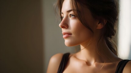 Fototapeta premium Serene profile of a woman bathed in soft warm natural sunlight her gaze thoughtful and pensive suggesting introspection and quiet moments