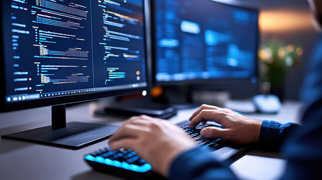 Person typing code on an illuminated keyboard, demonstrating fast data processing and cybersecurity measures for protecting digital information, networks, and software vulnerabilities