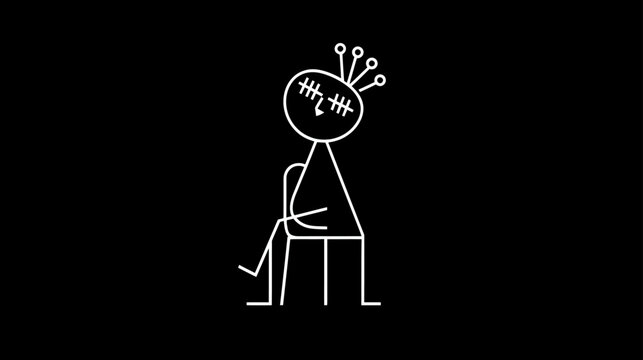Distressed stick figure illustration with pins in head, sitting on a chair against a black background, symbolizing mental pain and stress.