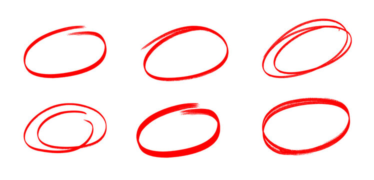 Red Hand drawn marker red circles round set. Doodle round shapes. Crayon circle highlight, freehand ovals doodle.