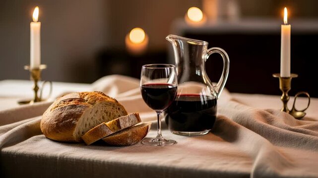 Bread and wine on a table with lit candles, symbolizing christian holy communion and an easter night ritual.
