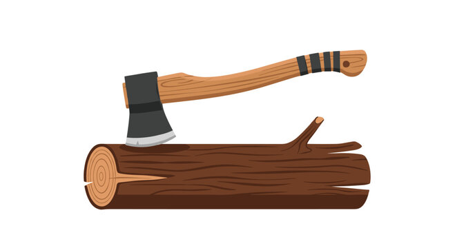 A grey-bladed axe with a wooden handle is embedded into a brown log displaying growth rings and a branch stub, isolated.