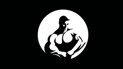 Strong Muscular Man Silhouette Logo Icon in White Circle on Black Background. Fitness, Bodybuilding, Strength, Gym Emblem Vector.