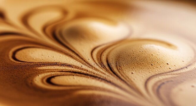 Abstract coffee foam swirl texture with creamy brown patterns and macro detail