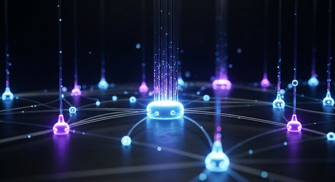 Abstract glowing nodes connected by lines representing AI network and data flow
