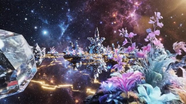 A futuristic cityscape on a distant planet surrounded by vibrant flowers and towering crystal structures floating in a starry galaxy