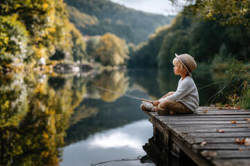 Child enjoys peaceful fishing on a lake dock surrounded by nature in autumn