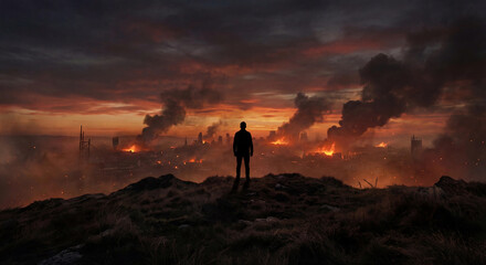 A lone figure stands silhouetted on a grassy hill, facing a city engulfed in flames under a dramatic fiery sunset with billowing smoke. Arabic