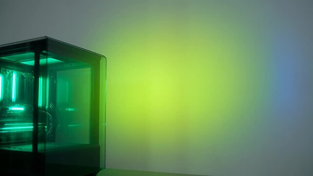 Intricate detail of gaming computer system with vivid green LED lighting effects