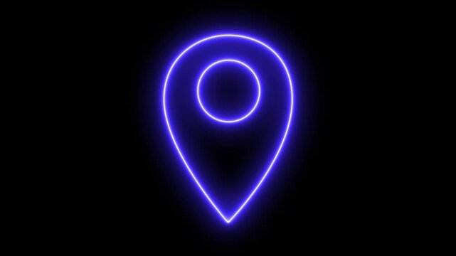 Glowing blue location pin icon neon light on black background digital map marker futuristic navigation technology abstract design