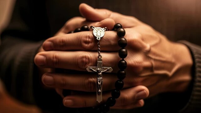 Mans hands clasped in prayer holding a black rosary with a crucifix. Religious devotion and spiritual reflection concept for christian faith.