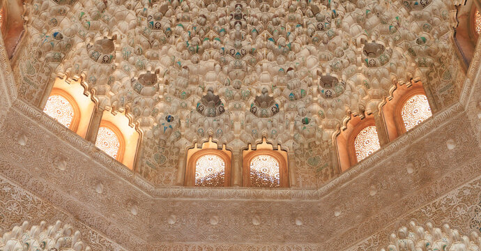 the detail of the Muqarnas dome at Hall of the Two Sisters, Alhambra, Granada, Spain