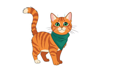 Fototapeta premium Adorable orange tabby kitten with bright green eyes wearing a stylish green bandana stands alert on a clean white background.