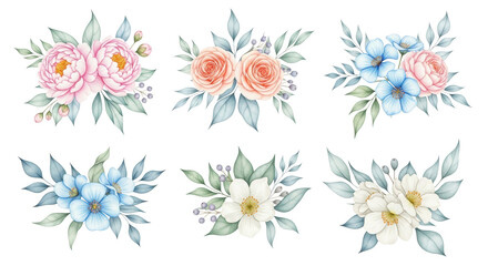 Obraz premium six ultra-realistic watercolor floral bouquets featuring pink peonies, peach roses, and blue blossoms, isolated against a transparent background, flat lay. concept of delicate floral elegance
