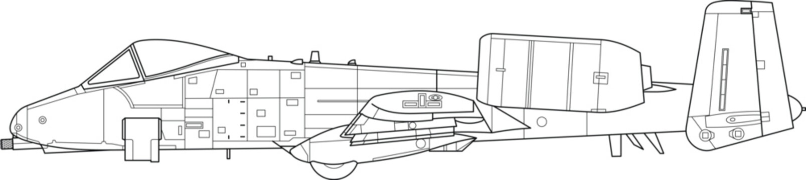 A-10 Thunderbolt II Fairchild Republic Ground Attack Aircraft Side Profile Stroke Outline Vector