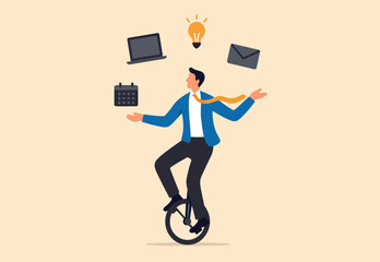 Productive master, productivity and project management skill, multitasking work and time management concept, skillful businessman riding unicycle juggling elements, laptop, calendar, ideas and emails. © JWEL