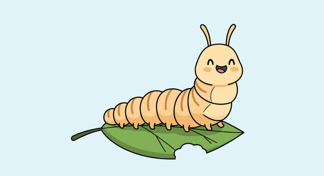 Cheerful tan caterpillar with a happy face crawling along a green leaf with a bite mark on a soft pastel blue background scene.