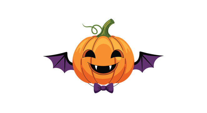 Festive Halloween pumpkin jack o lantern featuring purple bat wings and a matching purple bow tie on a plain white background.