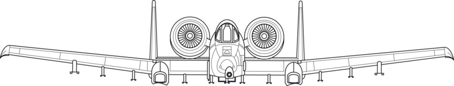 A-10 Thunderbolt II Fairchild Republic Ground Attack Aircraft Cross Section Wingspan Top View Stroke Silhouette Outline Vector