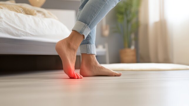A person experiences sharp pain in their foot, specifically the ball of their sole, highlighted with a red glow on a light wooden floor in a bedroom setting.