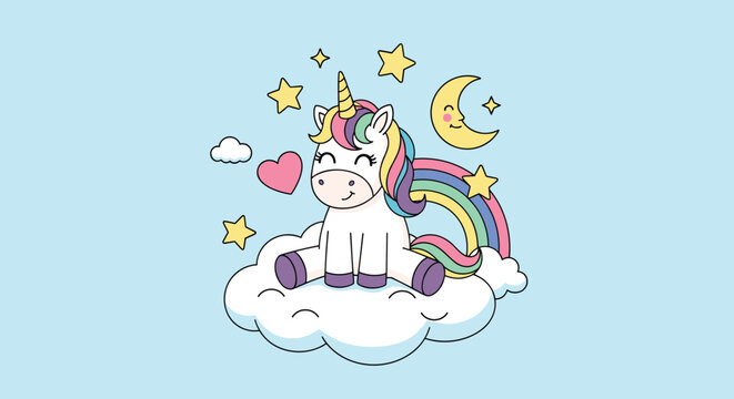 Adorable white unicorn with a rainbow mane and tail sitting on a fluffy cloud surrounded by stars and a crescent moon.