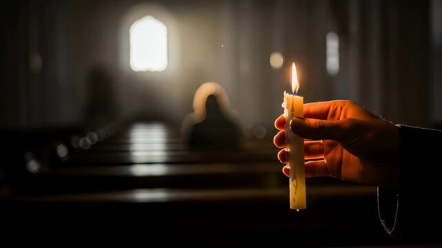 Woman holding a lit candle during a church service or vigil, symbolizing faith, prayer, and solemn spiritual devotion