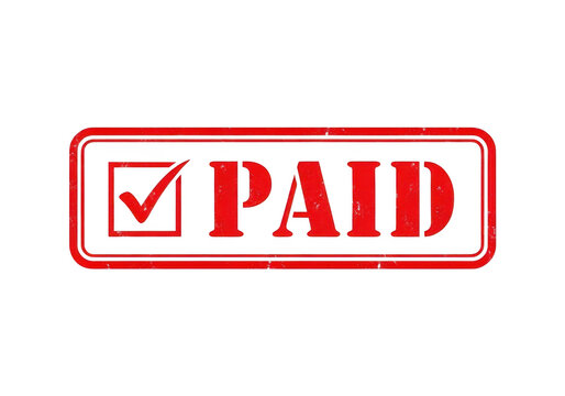 A red paid stamp with a checkmark isolated on transparent background