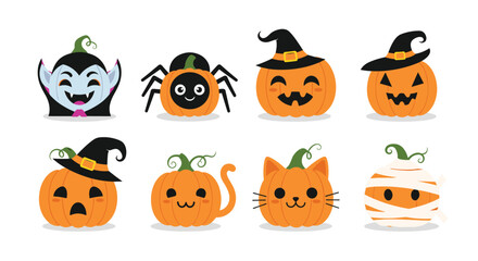 Fototapeta premium Collection of cute Halloween characters featuring carved pumpkins, a vampire, spider, cat, and mummy on white.